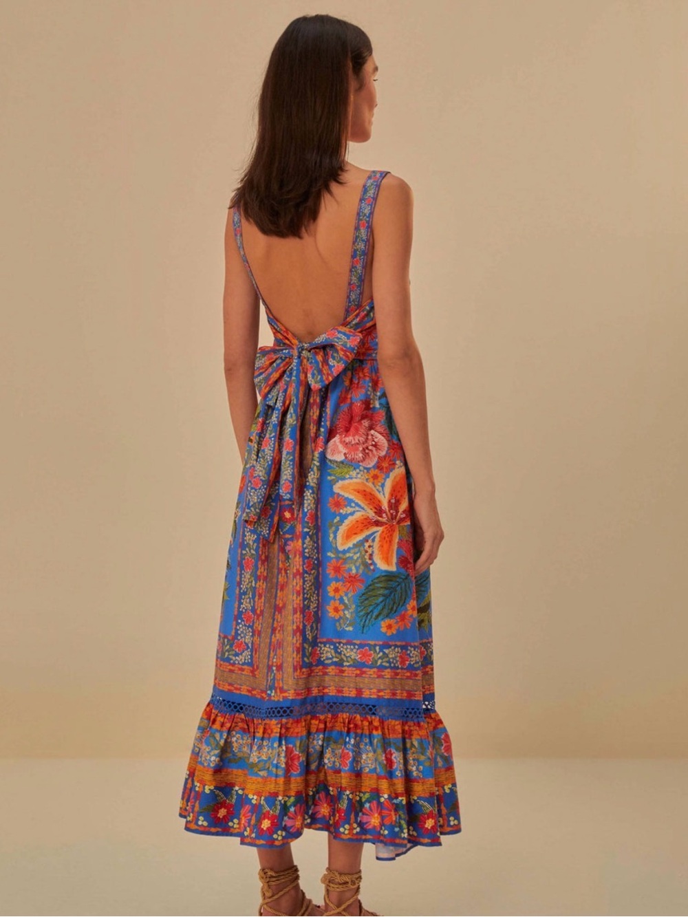 FARM Rio Blue Floral Maxi Dress with Orange and Pink Accents - Picture 2 of 10